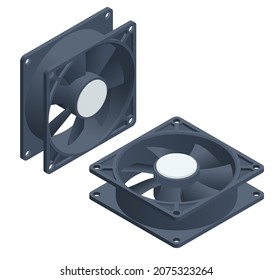 Isometrisches PC-Gehäuse, CPU-Kühler-Lüfter einzeln auf weißem Hintergrund. Aktiver CPU-Kühler