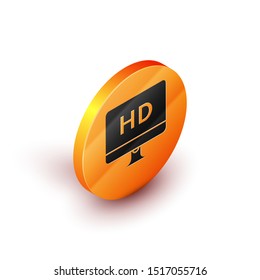 Isometric Computer PC monitor display with HD video technology icon isolated on white background. Orange circle button. Vector Illustration