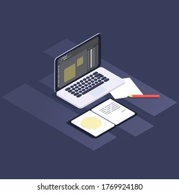 isometric computer pen notebook work