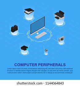 Isometric Computer And Peripherals In 3d Style With Floating Glow Light, Vector Illustration