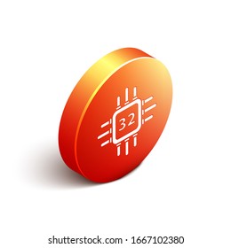 Isometric Computer processor with microcircuits CPU icon isolated on white background. Chip or cpu with circuit board. Micro processor. Orange circle button. Vector Illustration