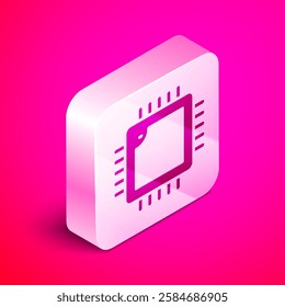 Isometric Computer processor with microcircuits CPU icon isolated on pink background. Chip or cpu with circuit board. Micro processor. Silver square button. Vector