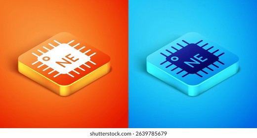 Isometric Computer processor with microcircuits CPU icon isolated on orange and blue background. Chip or cpu with circuit board. Micro processor.  Vector