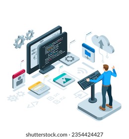 isometric computer with a programming window and program elements in color on a white background, a man with a keyboard, programming or software development