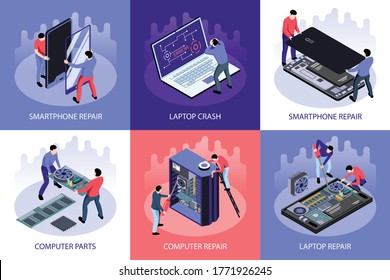 Isometric computer repair design concept 3x2 set of square compositions with smartphones and computers repairmen characters vector illustration