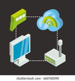 isometric computer with router wifi connect