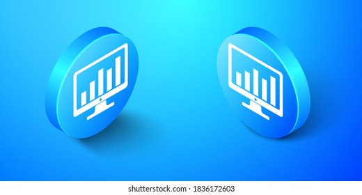 Pantalla Isometric Computer con gráficos financieros e icono gráfico aislados en fondo azul. Barras de gráfico y análisis financiero. Botón de círculo azul. Vector.