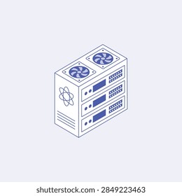 Isometric computer server rack with cooling fans and atom icon