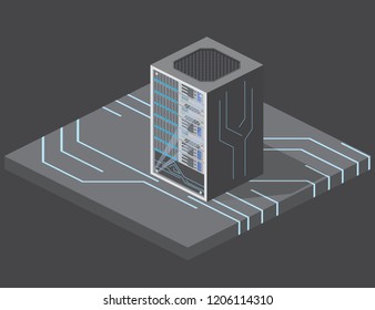 Isometric computer server.Internet equipment industry. Data transmission technology and data protection. Illustration of network telecommunication server. Cloud storage.