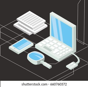isometric computer with smartphone and business documents