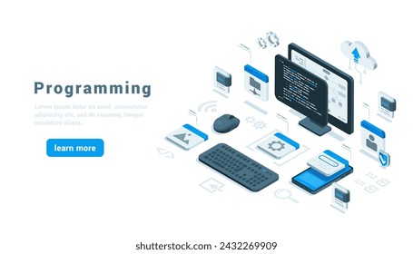 ordenador isométrico y smartphone con una ventana de programación y elementos de programa, en color sobre fondo blanco, programación o desarrollo de software aterrizaje