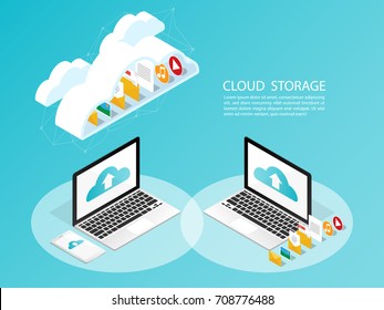 Isometric Computer Smartphone,upload Cloud Storage Backup Anywhere Vector