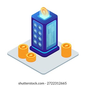 Tecnología informática isométrica. Conjunto de equipo de servidor isométrico. Iconos isométricos de tecnología criptográfica. Artículos de tecnología criptográfica. Tecnología isométrica.
