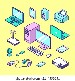 Isometric computer. Vintage style tablet, computers and laptop. Programmer equipment, professional digital 3d technics, tidy decorative vector set