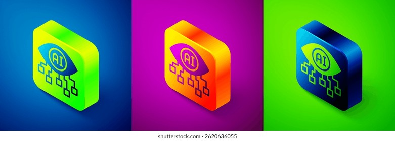Isometrisches Computersichtsymbol einzeln auf blauem, violettem und grünem Hintergrund. Technische Vision, Augenschaltung, Videoüberwachungssystem, Augmented Reality Systeme. Quadratischer Knopf. Vektorgrafik