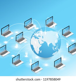 isometric computer wireless network connect flat vector