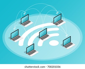 isometric computer wireless network connect flat vector