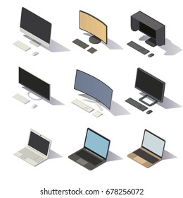 Isometric computers on white background. Vector low poly illustration.