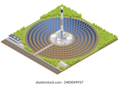 Isometric concentrated solar thermal system with power tower and mirrored heliostats. Solar charging stations, Environmental impact, Energy access, Energy independence, Innovations in solar energy