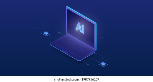 Isometric concept of AI technology, Artificial intelligence, AI based system - conceptual 3D style vector illustration on dark background