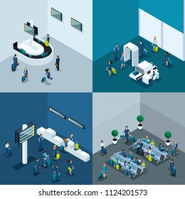 Isometric concept of airport operation, business trip, passport control, baggage claim, 4 concept situations. Great waiting room for the International Airport.