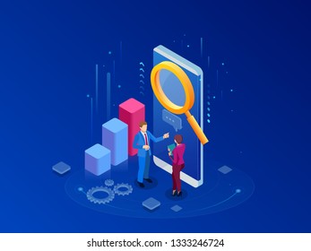 Isometric concept of analytics, strategy, investment, management, Investment, and virtual finance. Communication and digital marketing.