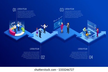 Isometric concept of analytics, strategy, investment, management, Investment, and virtual finance. Communication and digital marketing.