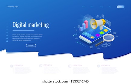 Isometric concept of analytics, strategy, investment, management, Investment, and virtual finance. Communication and digital marketing.