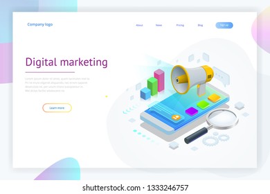 Isometric concept of analytics, strategy, investment, management, Investment, and virtual finance. Communication and digital marketing.
