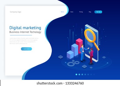 Isometric concept of analytics, strategy, investment, management, Investment, and virtual finance. Communication and digital marketing.