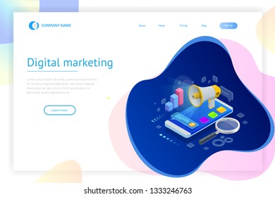 Isometric concept of analytics, strategy, investment, management, Investment, and virtual finance. Communication and digital marketing.
