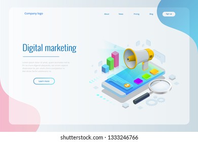 Isometric concept of analytics, strategy, investment, management, Investment, and virtual finance. Communication and digital marketing.