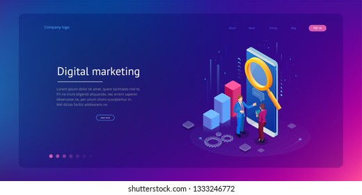 Isometric concept of analytics, strategy, investment, management, Investment, and virtual finance. Communication and digital marketing.