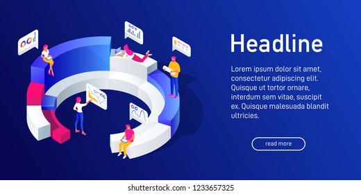 Isometric concept of analyze business statistics, landing page design, people analyze diagrams, graphs, market research, e-commerce, 3d vector illustration