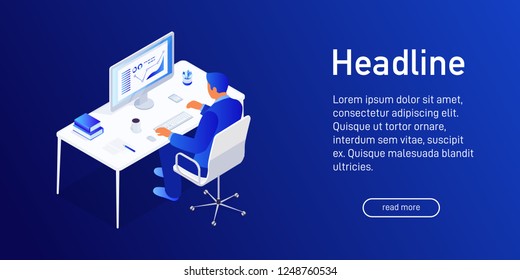 Isometric concept of analyze business statistics, landing page design, man, manager writing report, using computer at workplace, presentation with graphs and diagrams, 3d vector illustration