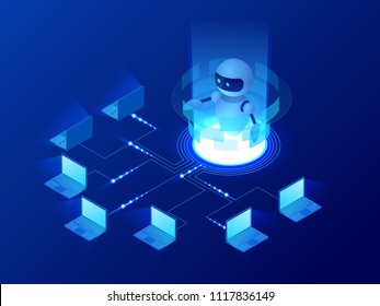 Isometric concept of artificial intelligence controls computers or internet, digital network. Chatbot, video broadcast, stories, SMM promotion, online analytics. Technology web virtual background