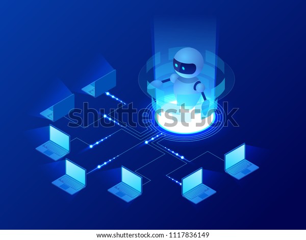 Isometric concept of artificial intelligence\
controls computers or internet, digital network. Chatbot, video\
broadcast, stories, SMM promotion, online analytics. Technology web\
virtual background
