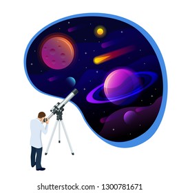 Isometric concept of Astronomer looking through telescope on planets, stars and comets. Astronomical telescope tube and cosmos. Vector illustration