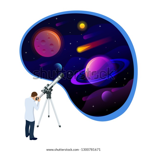 Isometric concept of Astronomer looking\
through telescope on planets, stars and comets. Astronomical\
telescope tube and cosmos. Vector\
illustration