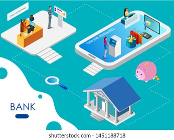 Isometric concept of Banking and Financial system with office interior, online bank process and transaction. Vector illustration