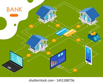 Isometric concept of Banking and Financial system with office interior, online bank process and transaction. Vector illustration