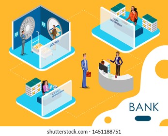 Isometric concept of Banking and Financial system with office interior, online bank process and transaction. Vector illustration