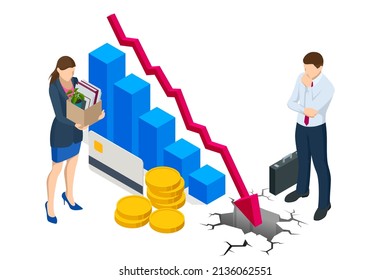 Isometric concept of Bankruptcy, Bankruptcy, Bad Economy Reduction, Budget recession, Financial Crisis, Market Fall, Investment expenses.