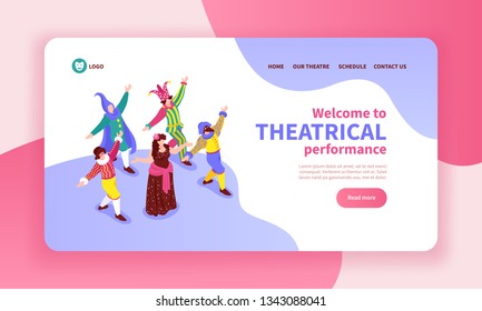 Isometric concept banner with dancing actors wearing classical costumes 3d vector illustration
