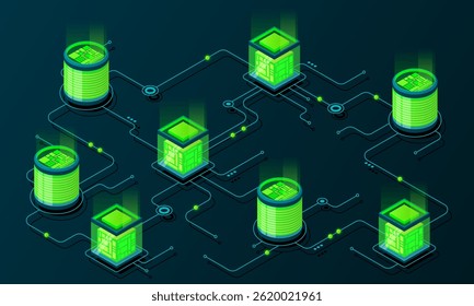 Isometric concept of big data processing. Server energy station of future. Network mainframe infrastructure. Isometric high technology concept