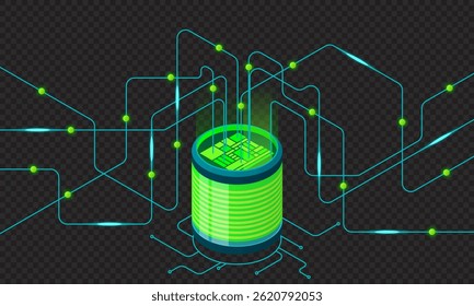 Concepto isométrico de procesamiento de big data. Estación de energía del servidor del futuro. Infraestructura de mainframe de red. Concepto isométrico de alta tecnología