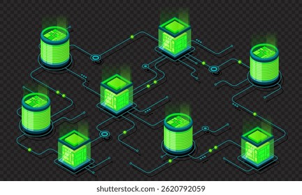 Isometric concept of big data processing. Server energy station of future. Network mainframe infrastructure. Isometric high technology concept