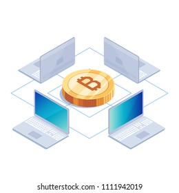Isometric concept bitcoin mining. 3d gold bitcoin and laptops. Cryptocurrency. Vector illustration.