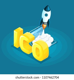 Isometric concept of the blockchain infographic, cryptocurrency mining, ico startup project vector illustration