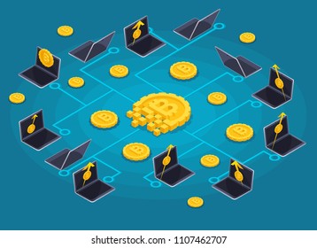 Isometric concept of the blockchain infographic concept, cryptocurrency mining, startup project vector illustration